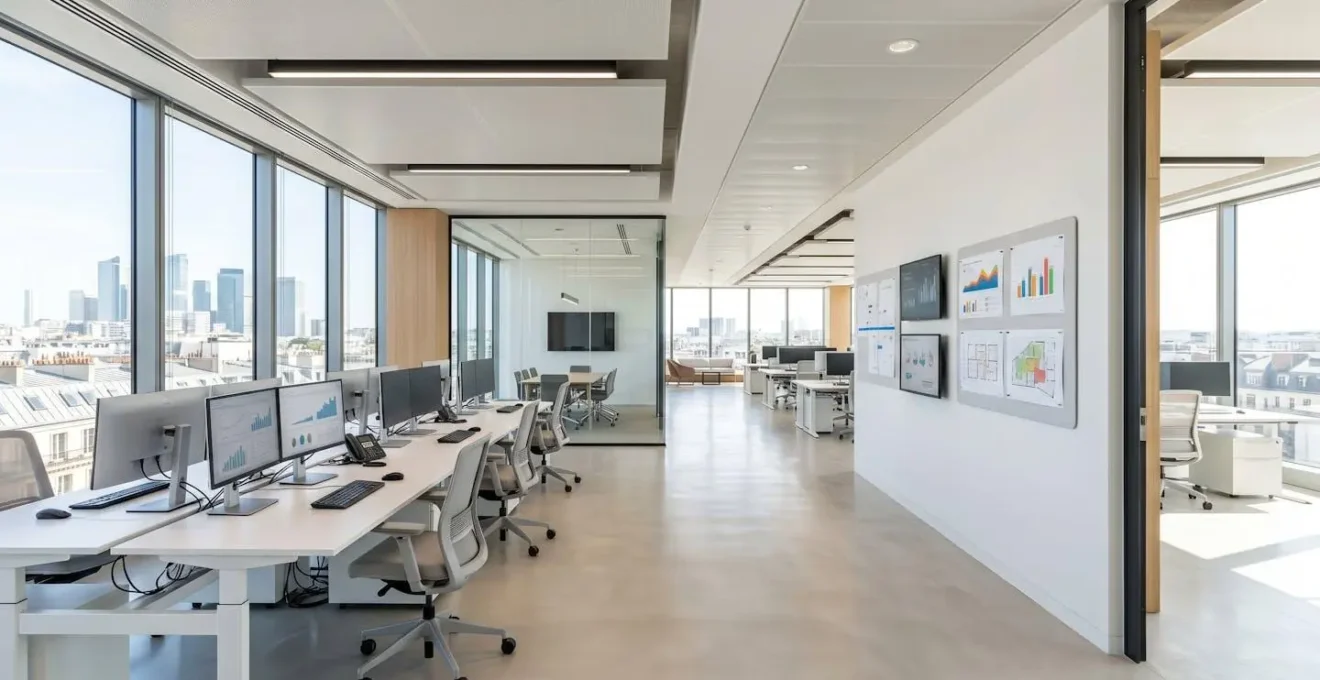 Bureau professionnel français moderne et vide avec ordinateurs et tableaux muraux, baigné de lumière naturelle abondante
