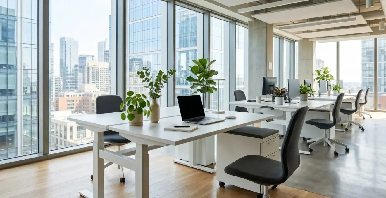Bureau contemporain vide avec grande fenêtre lumineuse, plantes vertes sur le bureau organisé et lumière naturelle abondante