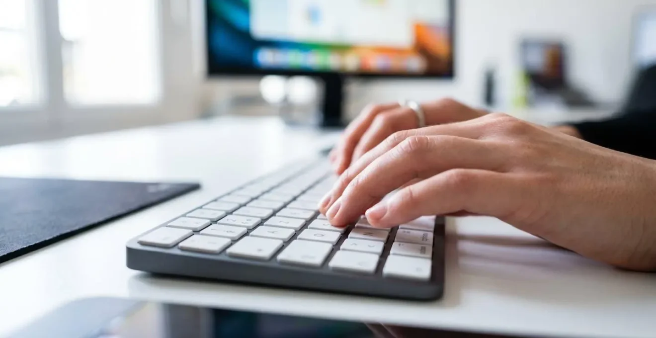 Gros plan sur une main tapant au clavier d'un ordinateur moderne dans un bureau lumineux