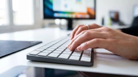Gros plan sur une main tapant au clavier d'un ordinateur moderne dans un bureau lumineux