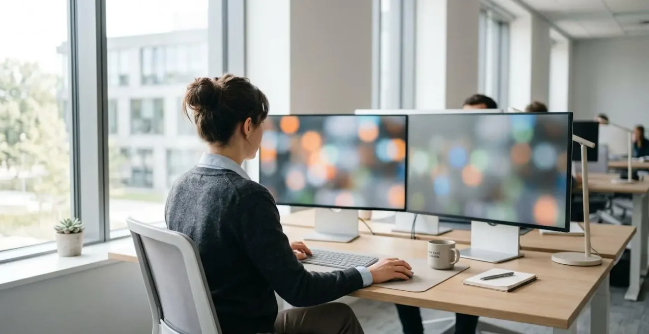 Professionnel en chemise travaillant de dos sur deux écrans d'ordinateur dans un bureau lumineux contemporain