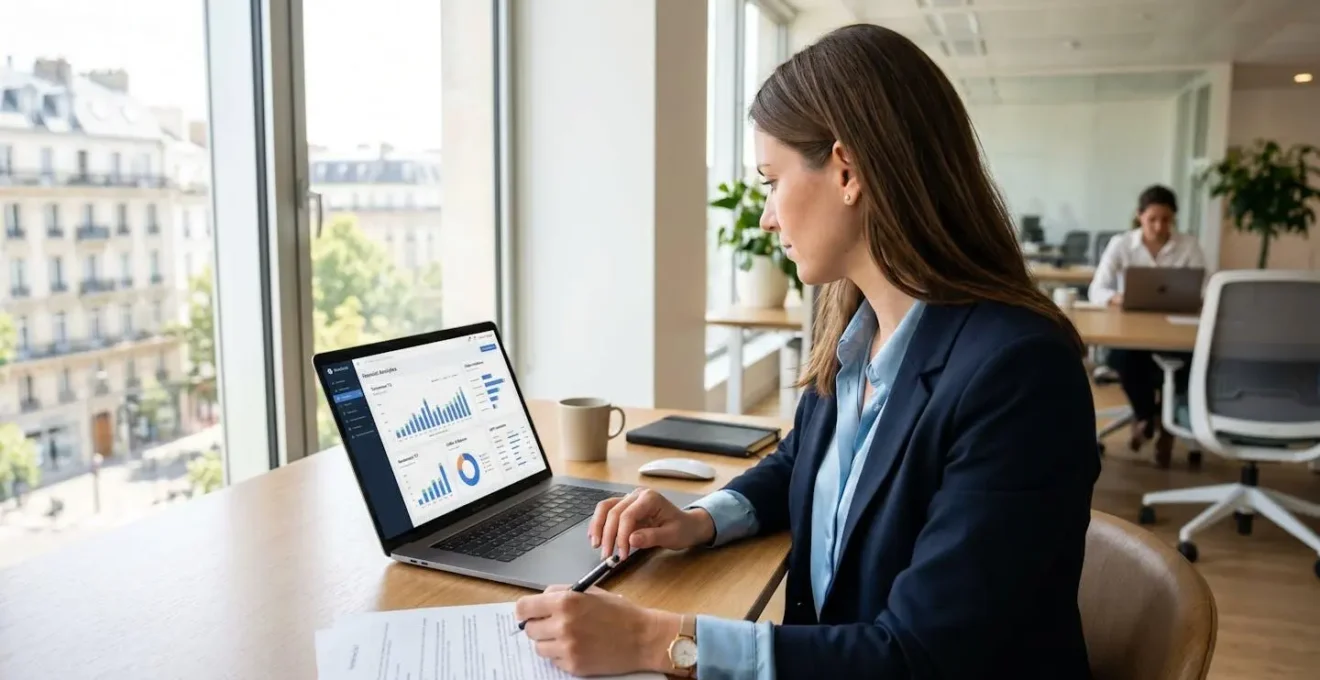 Une responsable financière française consulte un tableau de bord de trésorerie sur son ordinateur portable dans un bureau lumineux avec vue sur la ville