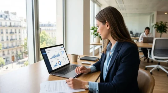 Une responsable financière française consulte un tableau de bord de trésorerie sur son ordinateur portable dans un bureau lumineux avec vue sur la ville