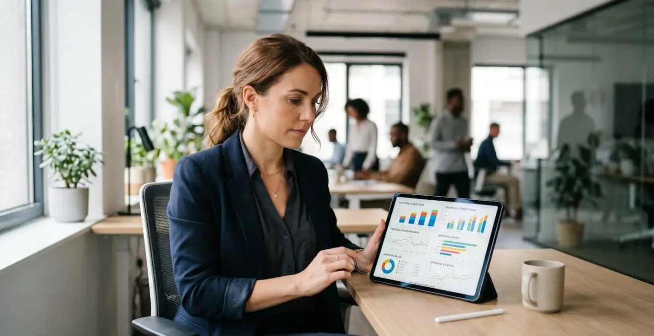 Credit manager suivant ses encours clients sur tablette dans un open space financier