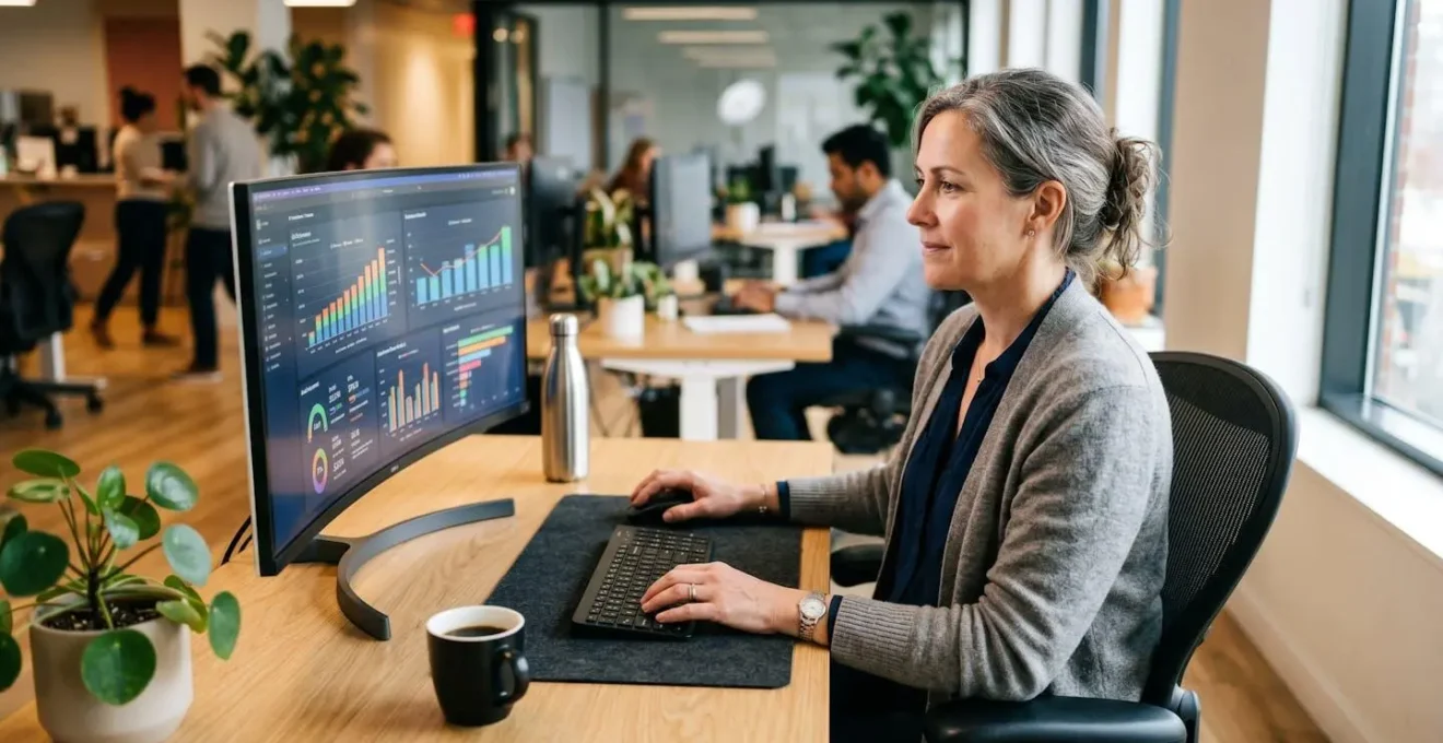Responsable financier d'une PME analysant ses créances clients sur un écran