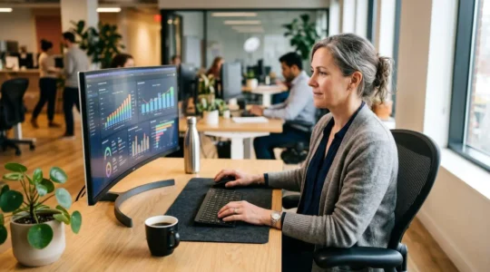 Responsable financier d'une PME analysant ses créances clients sur un écran