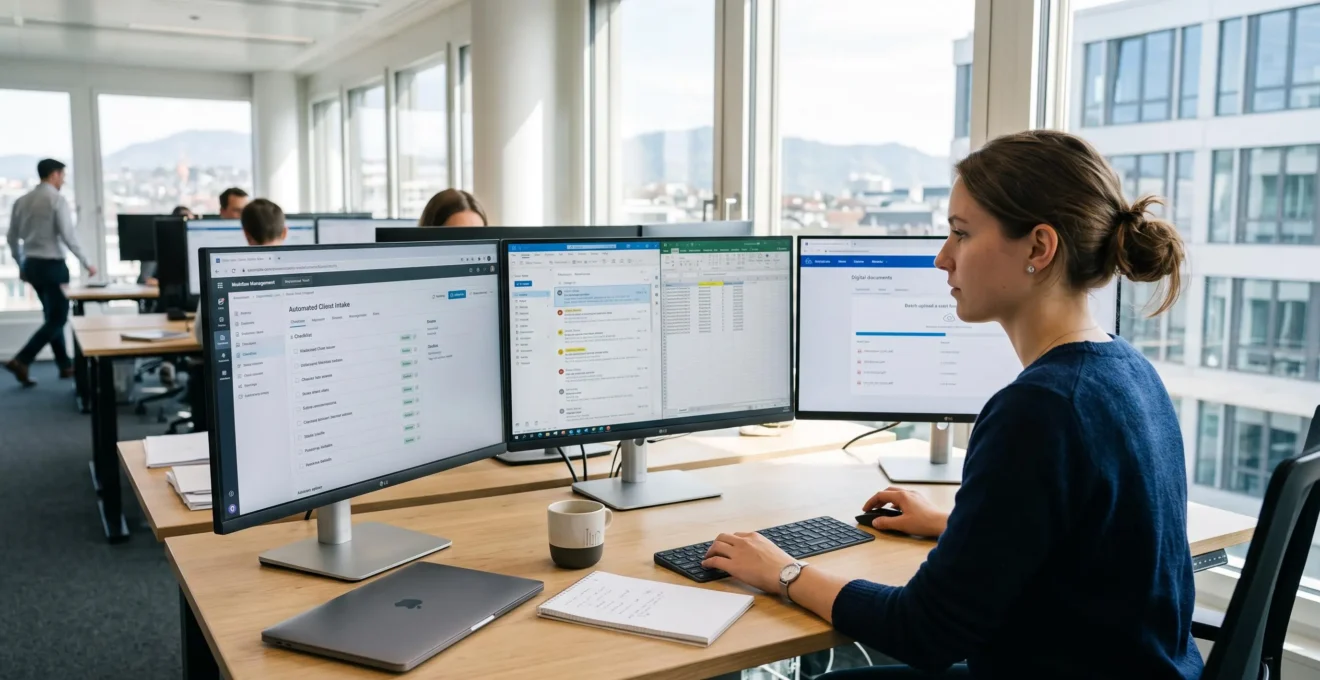 Assistant administratif travaillant sur plusieurs écrans avec des flux de collecte automatique de factures