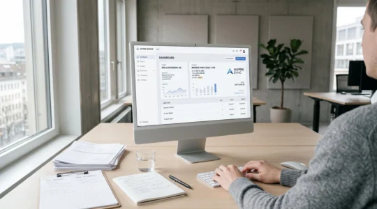 Écran d'ordinateur affichant l'interface d'un logiciel de facturation moderne dans un bureau contemporain épuré