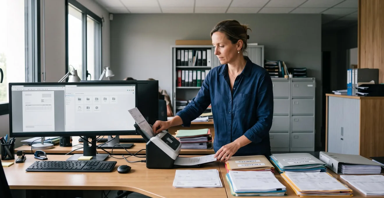 Responsable administratif d'une PME numérisant des factures et pièces justificatives à l'aide d'un scanner de documents dans un bureau.
