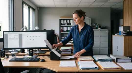 Responsable administratif d'une PME numérisant des factures et pièces justificatives à l'aide d'un scanner de documents dans un bureau.