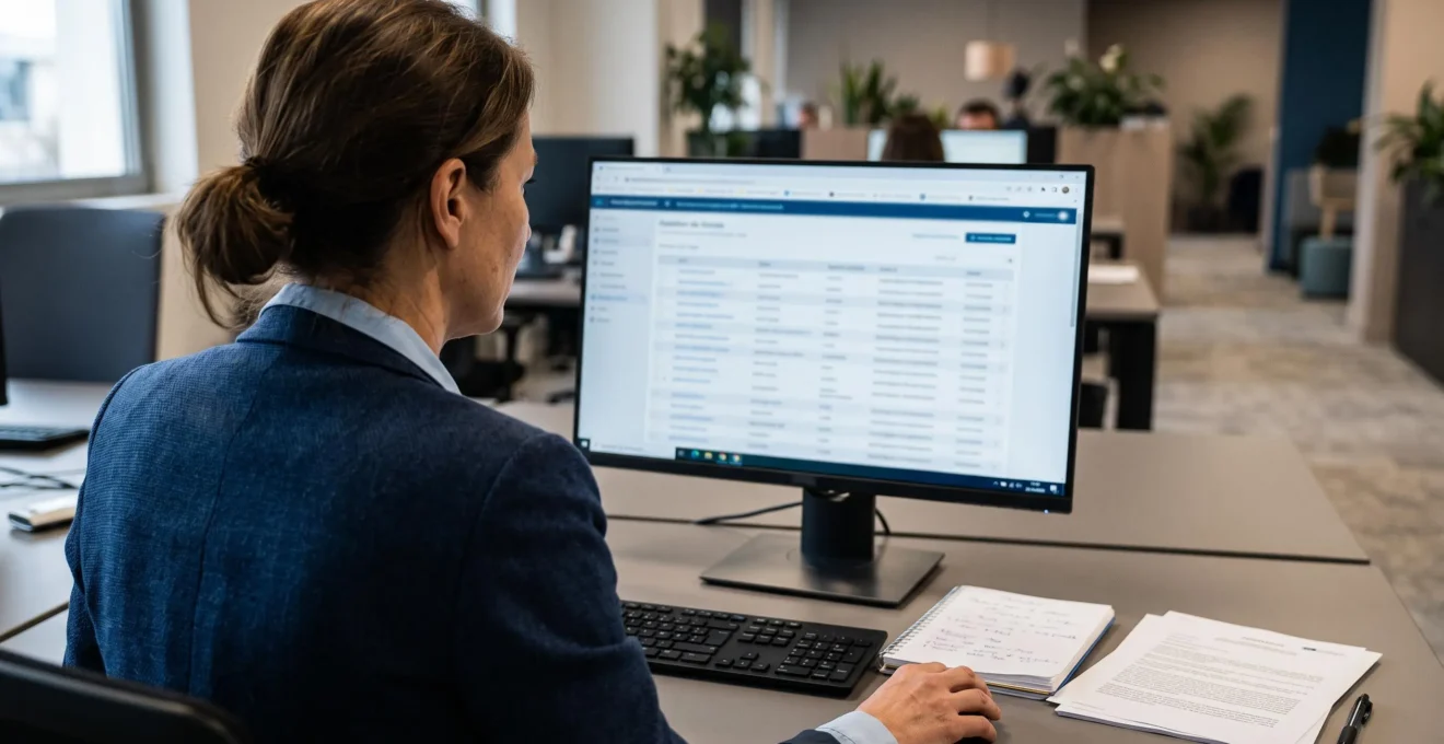 Dirigeant de PME consultant sur un écran la liste officielle des plateformes agréées avant la signature d'un contrat.