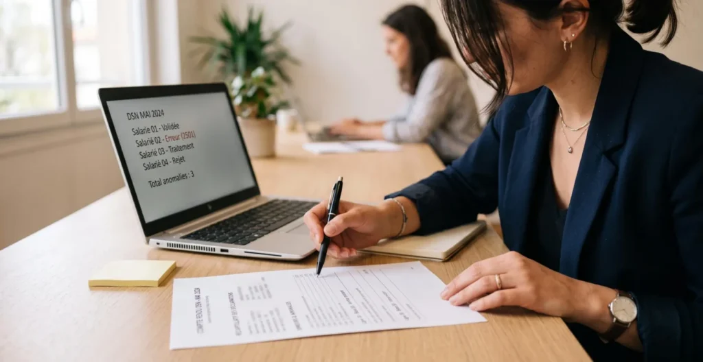 Professionnelle examinant un compte rendu déclaratif et préparant une vérification Professionnelle examinant un compte rendu déclaratif et préparant une vérification